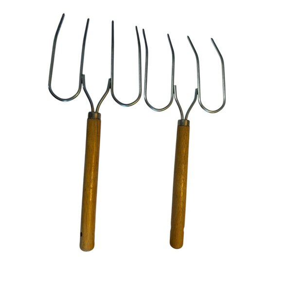 2 Vintage Wooden Handle Metal Forks For Crafting & Culinary Use Meat - Picture 4 of 7